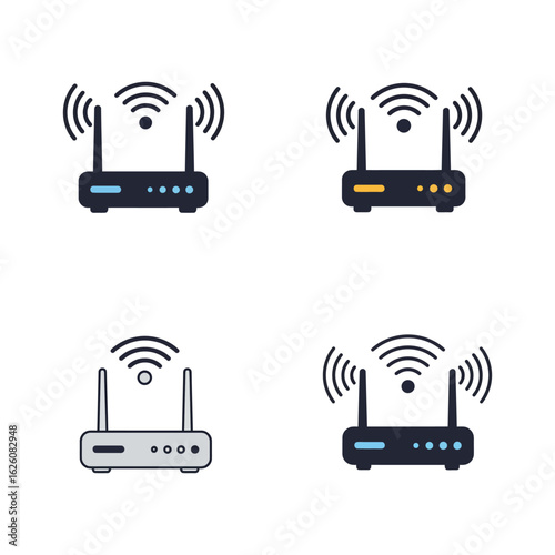 Collection of four modern wireless internet routers with wi fi signal icons displayed