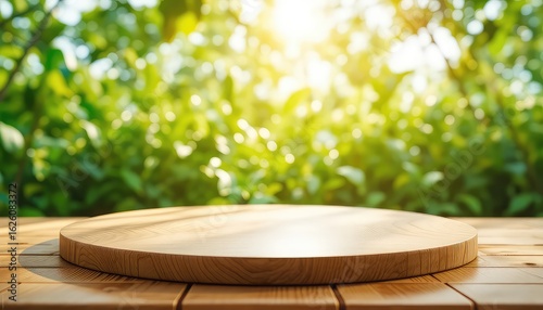A sunlit wooden table with a round platform offers a natural setting, framed by a vibrant, lush, green botanical background