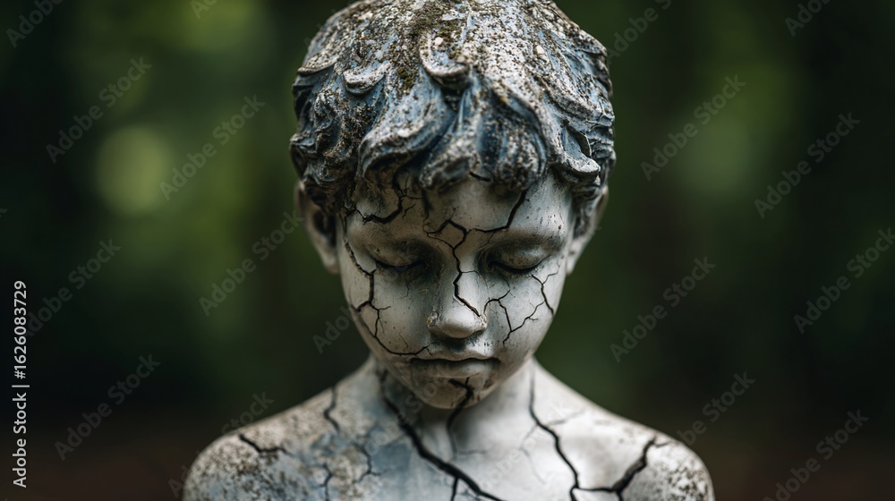 Close-up of a weathered boy statue Close-up of a weathered boy statue