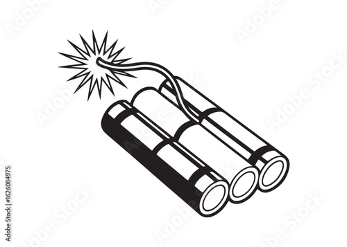 Burning Dynamite Stick Silhouette with Fuse in Bold Flat Vector Explosive Symbol Style.