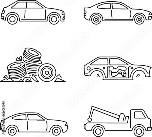 Scrapped Vehicle, Old Tires, Junk Car, Car Parts Pile, Metal Scrap, Car Engine, Vehicle Frame, Auto Wreck, Recycling Symbol, Tow Truck