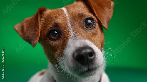 Curious Pup with Head Tilt: A charming close-up of an attentive canine, head cocked in inquisitive pose, eyes conveying warmth and affection, against a vibrant background