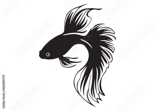 Canvas Print Black Silhouette of Betta Fish with Decorative Fins in Flowing Motion Vector Style