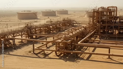 Desert Oil Refinery with Pipes, and Tanks.