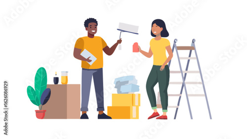 Couple painting home interior diy improvement project together with roller and paint for home renovation