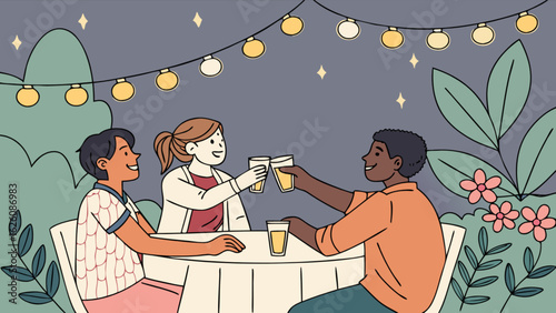 Friends gathering outdoor party illustration with string lights cheers and drinks at night celebration vector