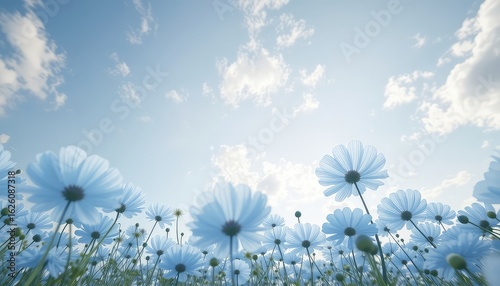 Pastel flowers stretch toward a calm, peaceful sky filled with soft white clouds, a gentle scene evoking spring and summer