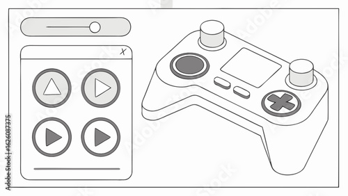 Illustration of a gaming controller with media player controls for video games and entertainment systems