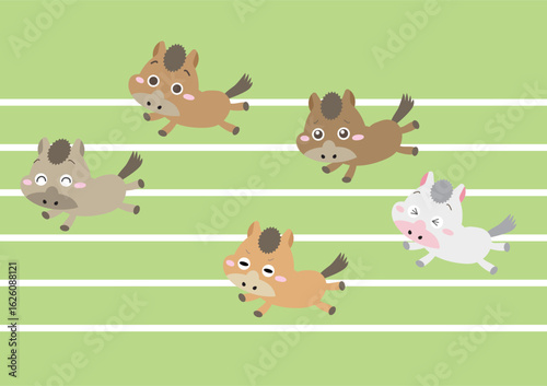 走る馬キャラクターたちのレース｜干支・運動・競争・努力を表現するかわいいイラスト