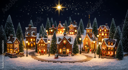 Enchanting miniature christmas village aglow under a starry night sky