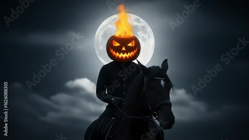 Pixelated Headless Horseman with Pumpkin Head Riding a Black Horse Against the Moonlit Night Sky