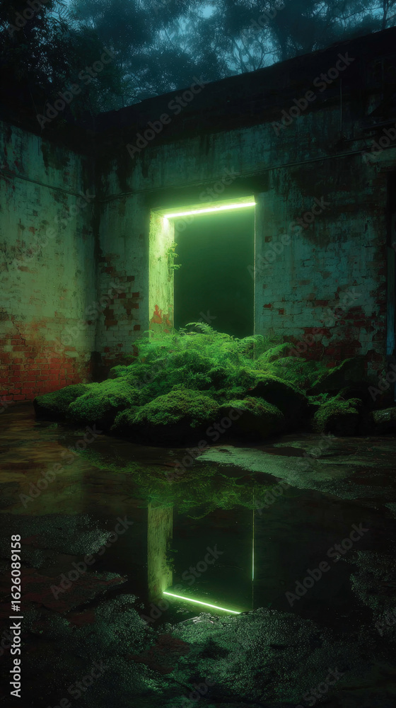 Vibrant neon moss graffiti glowing on ancient brick walls in cyberpunk alley at night Vibrant neon moss graffiti glowing on ancient brick walls in cyberpunk alley at night
