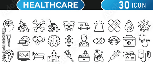 30 Medical and Healthcare Line Icons – Hospital, Doctor, Emergency, Disability, Virus, First Aid Symbols