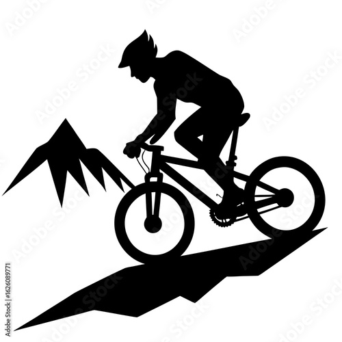 Black silhouette mountain biker riding downhill cycling