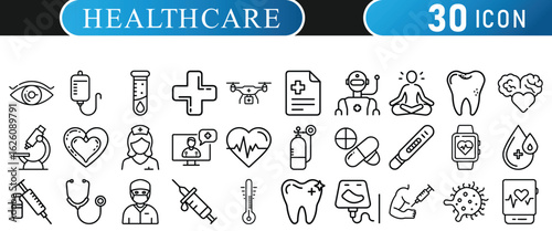 30 Modern Healthcare Line Icons – Medical, Doctor, Hospital, Health, Wellness, Treatment Symbols