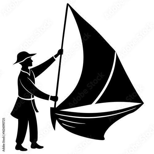 Sailor adjusting sail on sailboat mast rigging
