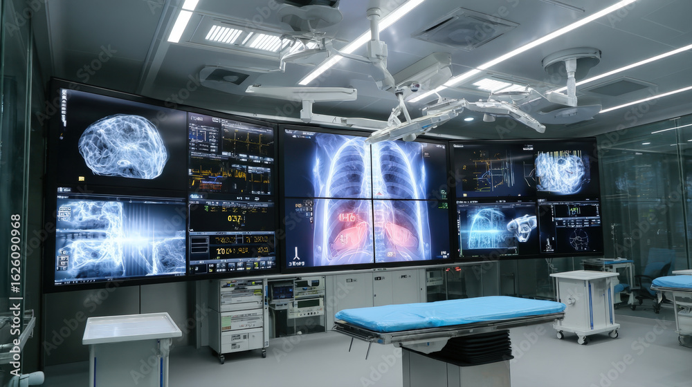 Fototapeta premium A modern surgical room with a large wall of screens displaying various medical data, including X-rays of lungs and brains. A surgical bed is in the center of the room, with surgical lamps