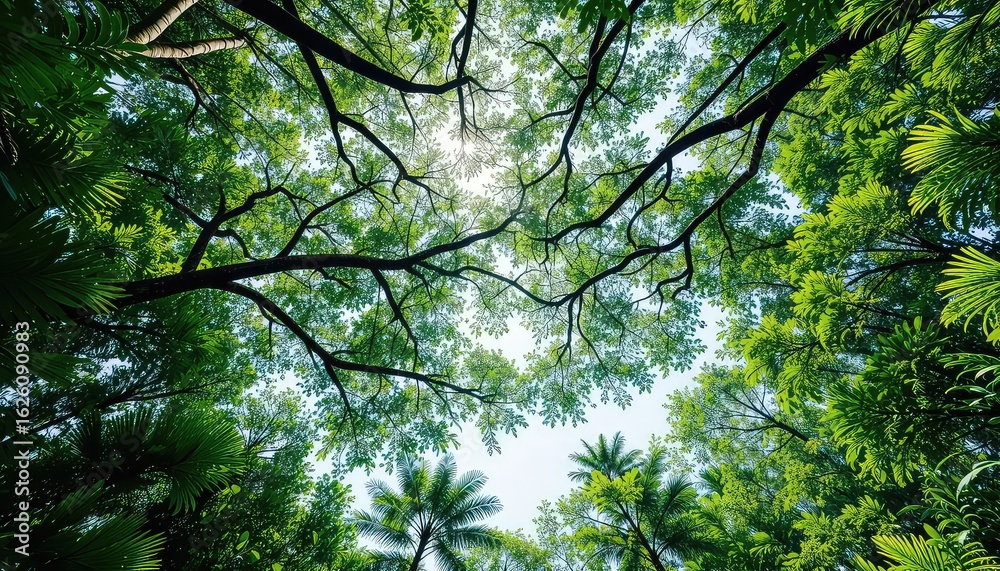 Fototapeta premium Looking up through the green canopy of trees with branches reaching towards the sky