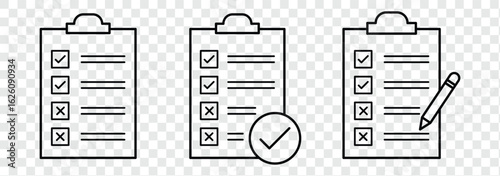 Clipboard icon. To do list icon. Checklist icon for web site and app design. Clipboard icon set. Checklist on the clipboard line icon with checkmarks, checklist, document, pencil. Clipboard outline . 