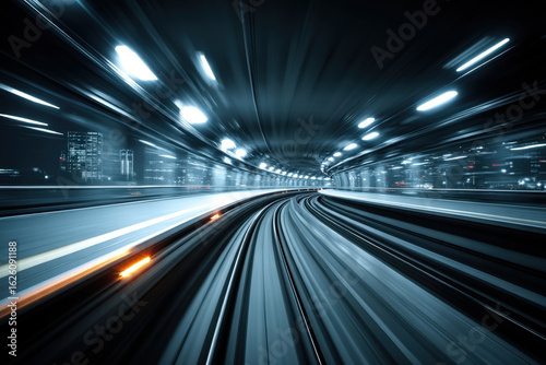High-speed train racing through neon-lit tunnel with glowing blue motion trails