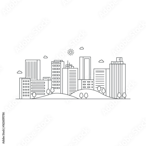 Cityscape. Modern flat line landscape vector. City landscape line art illustration with building, tower, skyscrapers. Vector illustration.