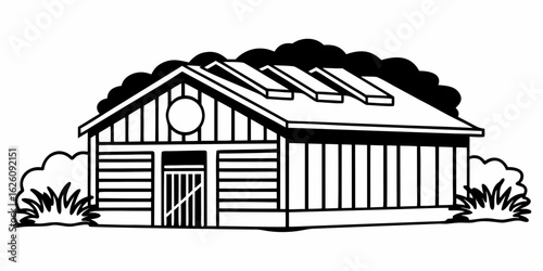 Illustration of a shed with a unique roof design and surrounding bushes in a black and white drawing