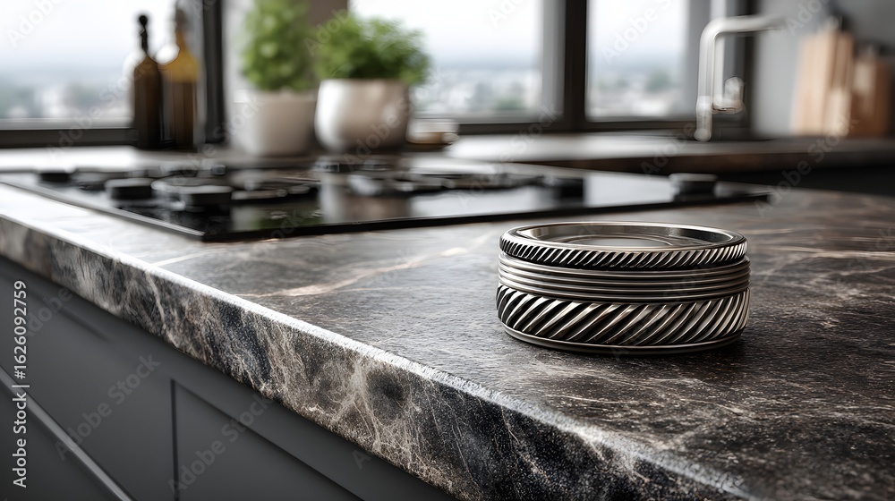 Fototapeta premium Decorative ring resting on a dark stone countertop.