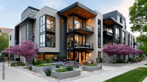 Fototapeta Naklejka Na Ścianę i Meble -  Contemporary residential building with clean lines and neutral tones in daylight