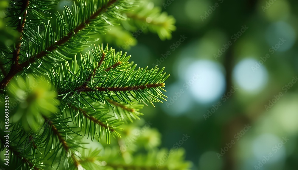 Fototapeta premium Evergreen branches reaching out, with fresh green needles and a soft bokeh background for a nature scene