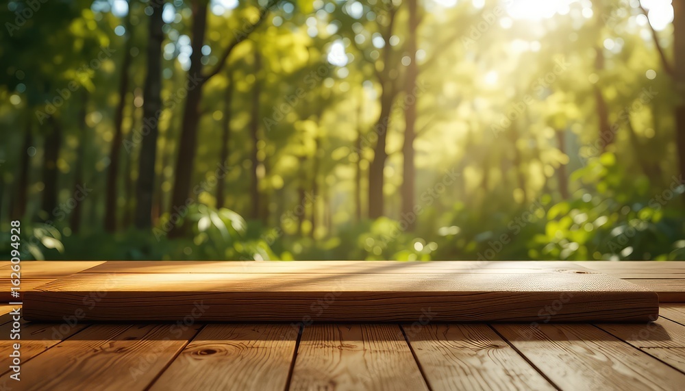 Wooden surface for product placement against blurred woodland background with sunlight filtering through trees, creating a natural and inviting atmosphere Wooden surface for product placement against blurred woodland background with sunlight filtering through trees, creating a natural and inviting atmosphere