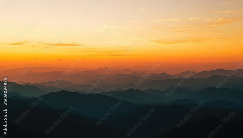 Fototapeta premium Dramatic layers of shadowy mountains recede into the distance beneath a bright orange and yellow sky at sunset