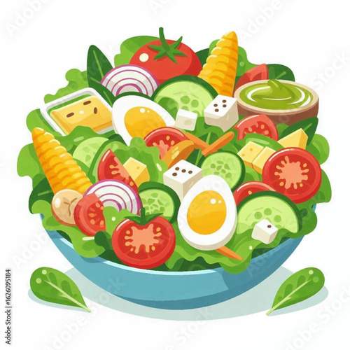 A salad bowl packed with mixed greens tomatoes cucumbers eggs cheese cubes corn dressing and sliced onions