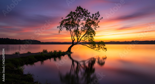 Vibrant Sunset Reflection: Solitary Tree Leaning Over Calm Lake with Colorful Sky and Tranquil Waters