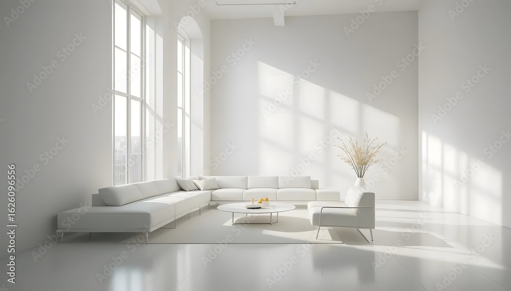 Fototapeta premium Bright Sunlight Illuminating Minimalist White Room — Modern Interior Design