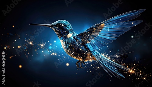Digital Hummingbird in Flight with Technology, and Blue Background.