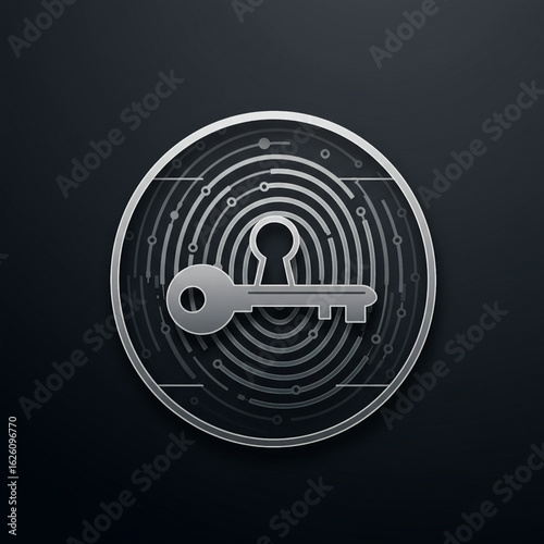 Vector illustration of silver key over fingerprint circle representing digital identity and secure access