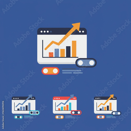 Vector illustration of colorful growth analytics on multiple computer screens with upward graphs and toggles