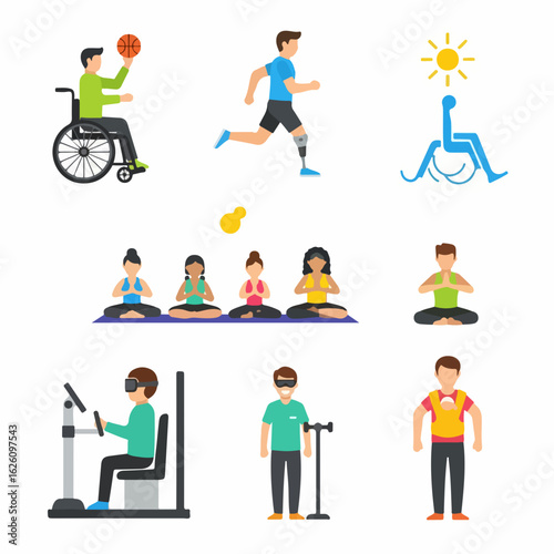 Inclusive fitness and wellness icons showcasing diverse abilities for active, healthy lifestyles, a modern concept highlighting physical activity for everyone
