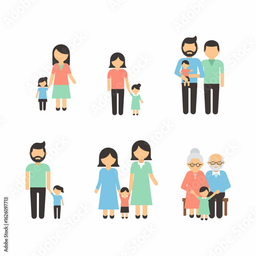 Diverse family icons showcasing multigenerational love and support, perfect for illustrating family values, unity, and togetherness with a modern aesthetic