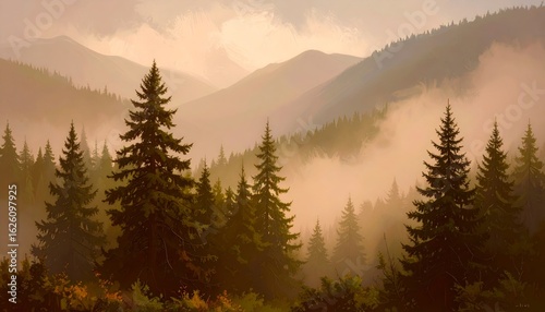 Misty landscape with fir forest