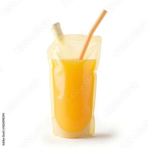 Refreshing citrus drink in a spill-proof reusable pouch with attached straw.