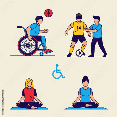 Empowering inclusivity with people enjoying sports and yoga, fostering accessibility and celebrating diversity, promoting active lifestyles for all abilities