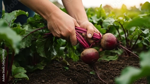Hands harvesting fresh beetroots from soil in a garden 