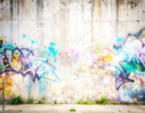 Soft, abstract background of an industrial concrete wall with colorful graffiti art. An urban, vibrant, and modern aesthetic with street style