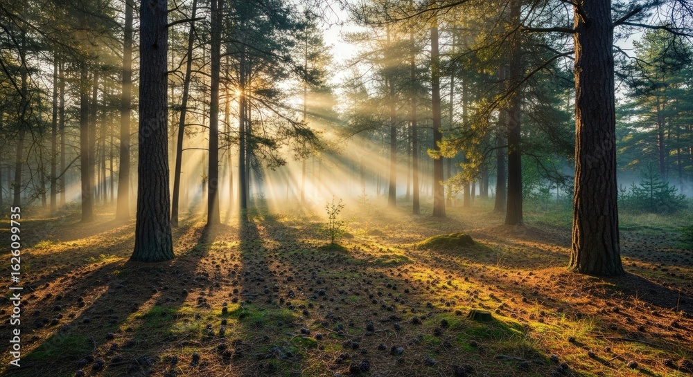 Fototapeta premium Sun Rays Streaming Through a Dense Forest, Creating a Magical and Serene Landscape