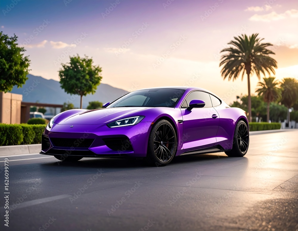 Fototapeta premium Purple sports car on a road at sunset, palm trees in background