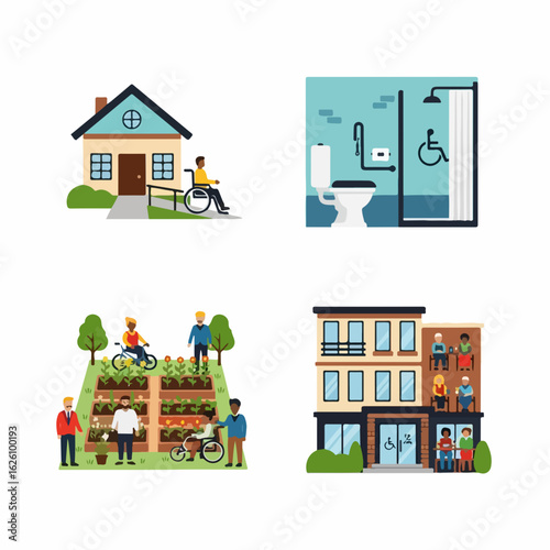 Accessible living design showcases: Home, bathroom, community garden, and apartment building emphasizing inclusivity and universal design principles for all
