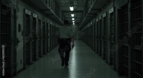 Correctional officer walking through dark prison corridor  