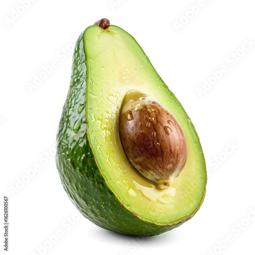 Half an avocado, angled, ripe, green, on white