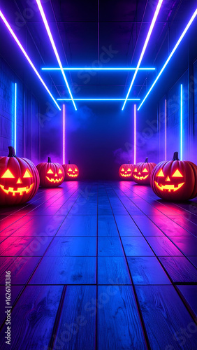 A modern Halloween party background featuring a row of glowing jack-o'-lanterns illuminated by vibrant neon lights. The floor reflects the colorful lights, while spooky fog adds to the festive.